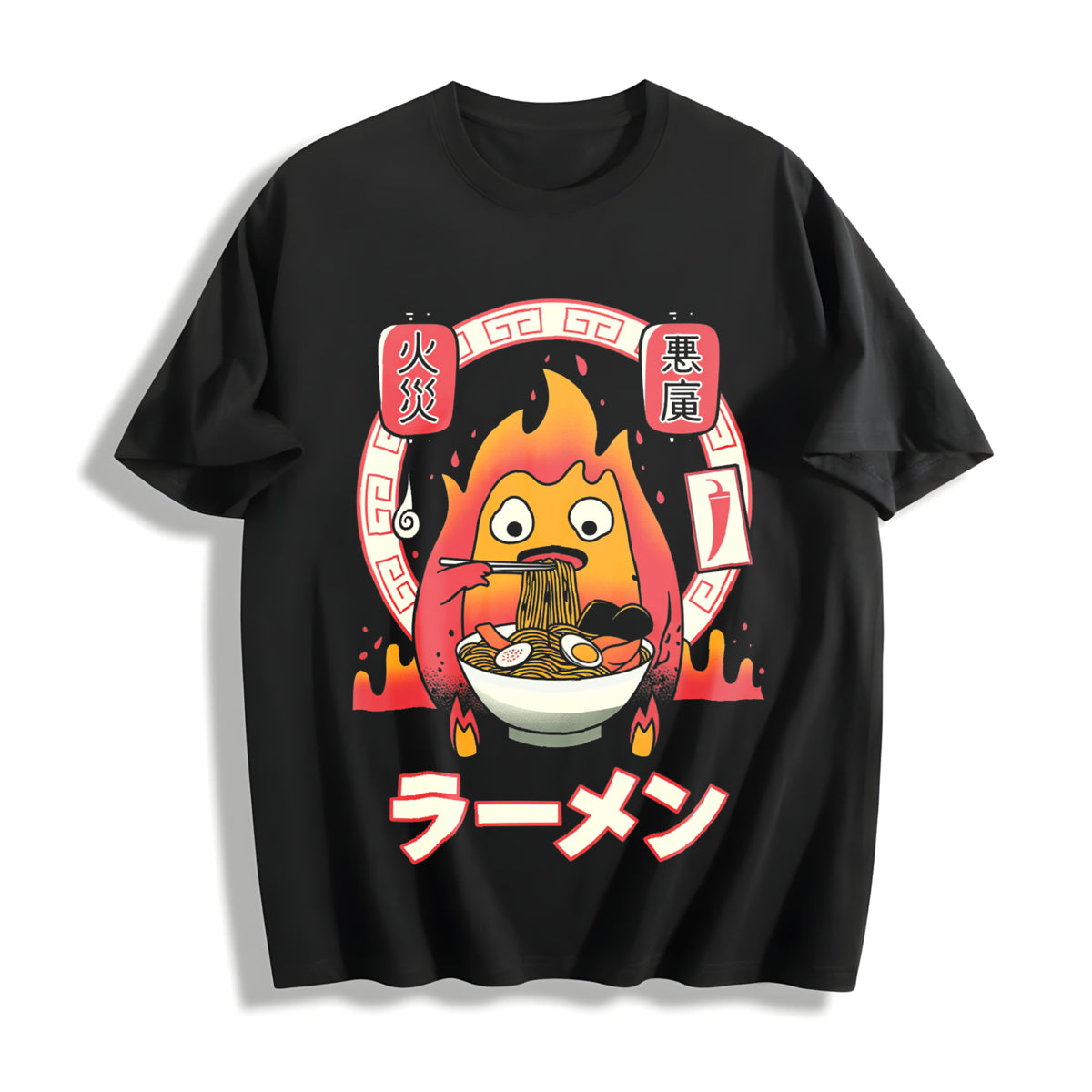 Howl’s Moving Castle Calcifer Ramen – Ghibli Cotton T-Shirt in Black