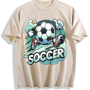 Cartoon Soccer Ball Vintage Washed T-Shirt in Beige