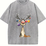 Christmas Reindeer Cute Christmas Vintage Washed T-Shirt in Gray