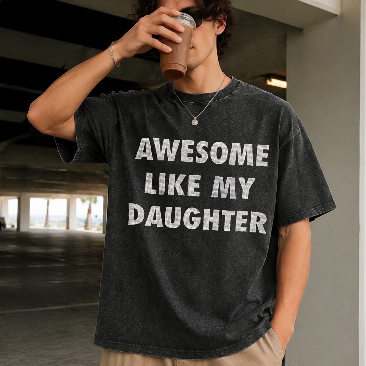 Awesome Like My Daughter Fathers Day Awesome Dad Classic Vintage Washed T-Shirt in Black