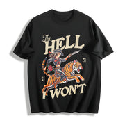 Retro Cowgirl Tiger Cotton T-Shirt in Black
