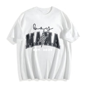Boy Mom Custom Est Date New Mama Lighting Bolt First Time Cotton T-Shirt in White