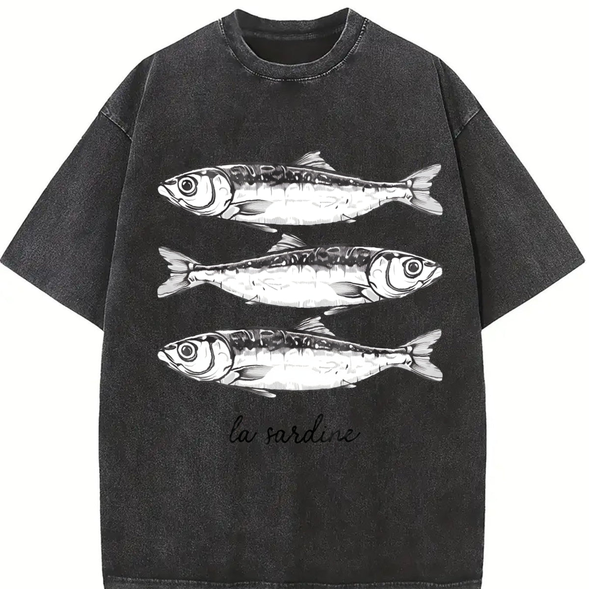 Retro La Sardine Sardines Vintage Washed T-Shirt in Black