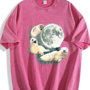 Three Baby Seal Retro Sea Dog Moon Vintage Washed T-Shirt in Red