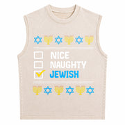 Nice Naughty Jewish Ugly Hanukkah Chanukah Jew Vintage Washed Tank Top in Beige
