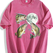 Bass Fish Howling at Moon 90s Vintage Washed T-Shirt in Red