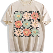 Retro Checkered Flower Vintage Washed T-Shirt in Beige