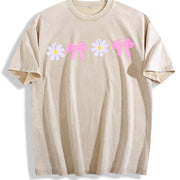 Daisy Bow Embroidered Vintage Washed T-Shirt in Beige