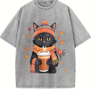 Black Cat with Hot Drink and Autumn Leaves Vintage Washed T-Shirt in Gray