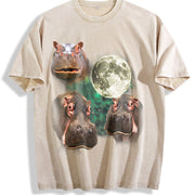 Three Hippo Retro Silly Hippo Moon Vintage Washed T-Shirt in Beige