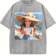 Beach Drink Glam Doll Vintage Washed T-Shirt in Gray