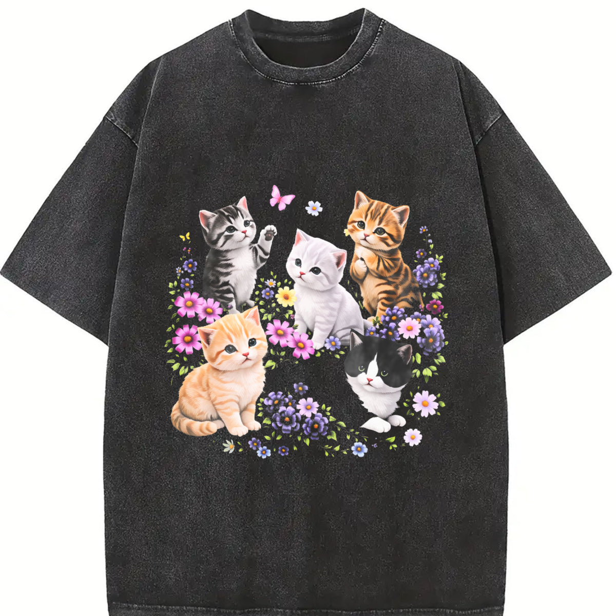 Cute Kitten Cat Lover Vintage Washed T-Shirt in Black