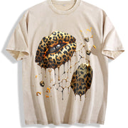 Leopard Lips and Soccer Ball Vintage Washed T-Shirt in Beige