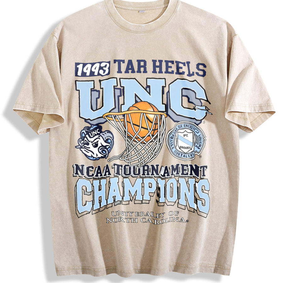UNC Tar Heels 1993 Basketball Champions Retro Street White Vintage Washed T-Shirt in Beige