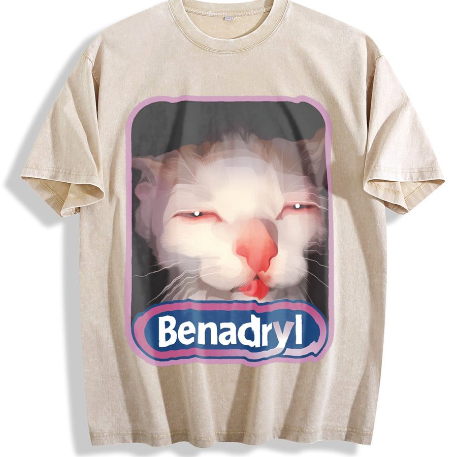 Benadryl Meme Cat vintage washed oversized T-shirt in Beige