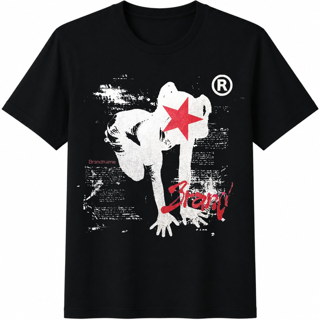 Front Features a Silver-aged Human Figure (Red Star Over Cotton T-Shirt in Black