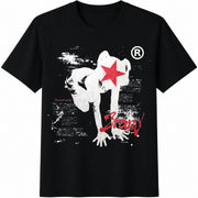 Front Features a Silver-aged Human Figure (Red Star Over Cotton T-Shirt in Black