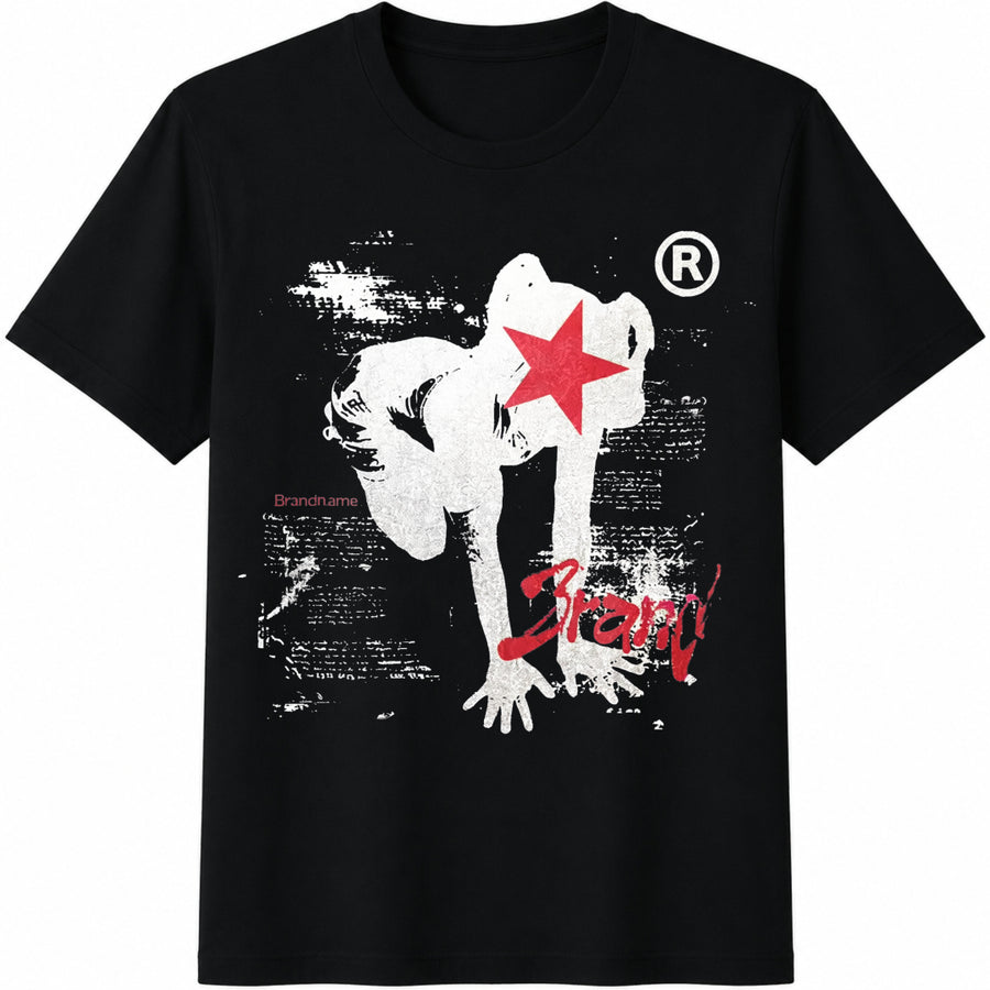 Front Features a Silver-aged Human Figure (Red Star Over Cotton T-Shirt in Black