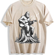 Retro Bigfoot Playing Guitar 90s Vintage Washed T-Shirt in Beige