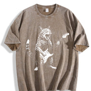 Rock Cat Guitar Playing Cat Vintage Washed T-Shirt in Brown
