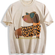 Ladies' Leopard Dog Vintage Washed T-Shirt in Beige