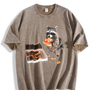 Raccoon Eating Pizza 90s Vintage Washed T-Shirt in Brown