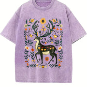 Bohemian Folk Art Vibrant Deer & Floral Vintage Washed T-Shirt in Purple