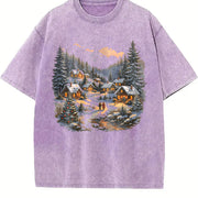Christmas Winter Village Vintage Washed T-Shirt in Purple