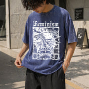 Feminism Dragon Castle Vintage Washed T-Shirt in Blue