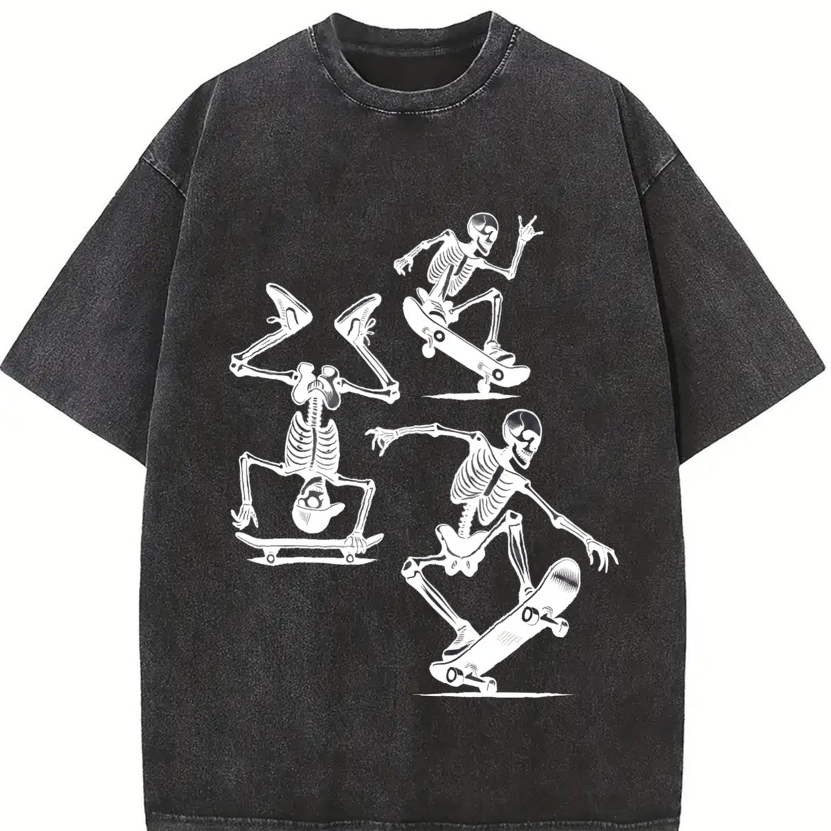 3 Skeletons Skateboarding 90s Vintage Washed T-Shirt in Black