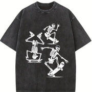 3 Skeletons Skateboarding 90s Vintage Washed T-Shirt in Black