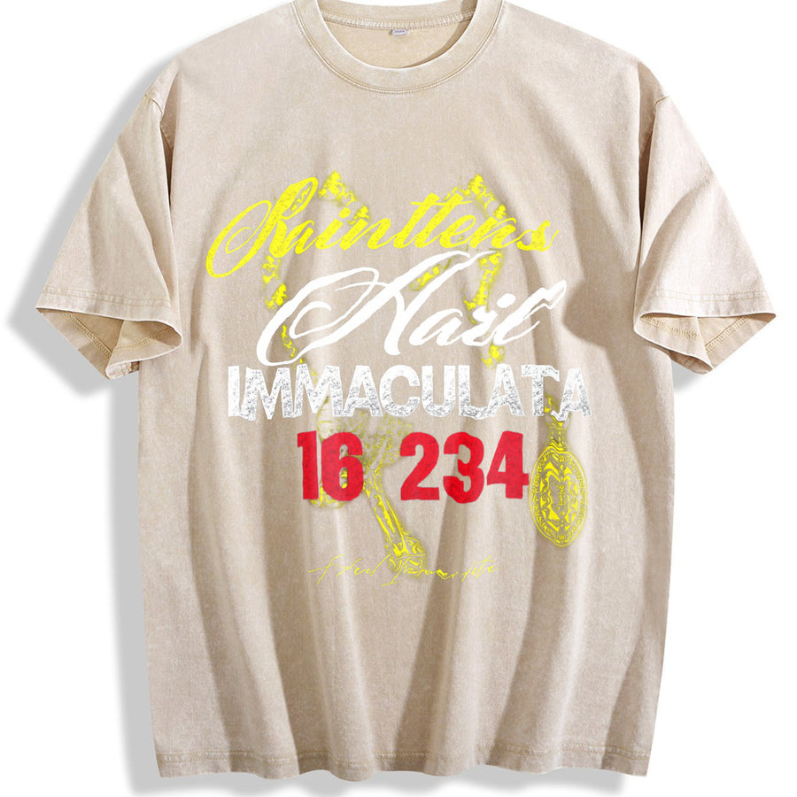 Hail Immaculata Vintage Washed T-Shirt in Beige