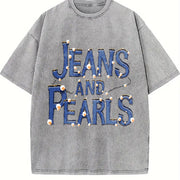Pearl Patterned Round-neck Loose Vintage Washed T-Shirt in Gray