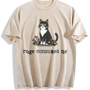 Cat Meme Rage Consumes Me and Batik vintage washed oversized T-shirt in Beige