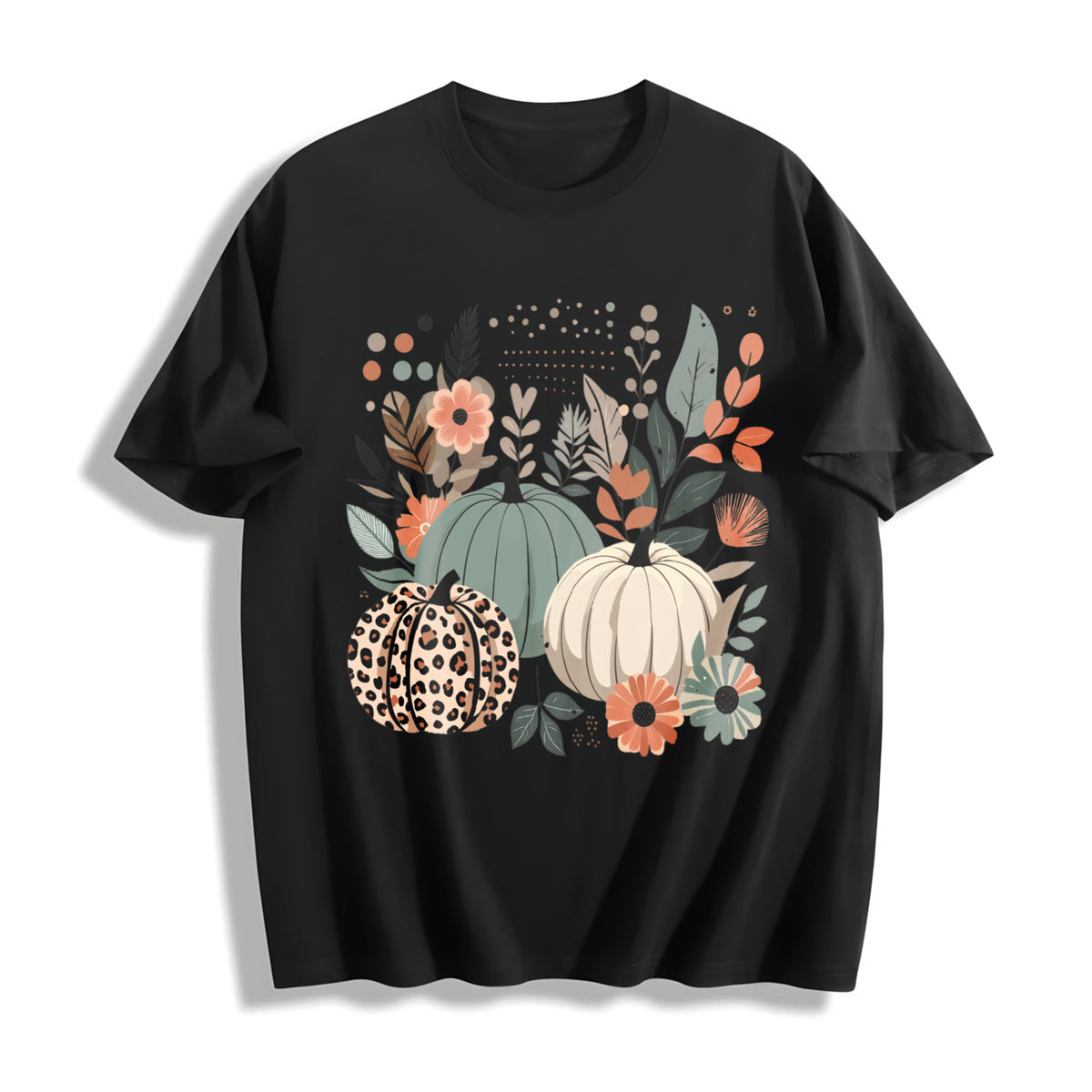 Boho Pumpkins Fall Cotton T-Shirt in Black