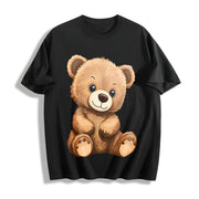 Cute Fluffiest Short-sleeve with Bear & Pom-pom Creature Cotton T-Shirt in Black