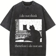Dark Gray Philosophical Quote & Black Cat Acid Vintage Washed T-Shirt in Black