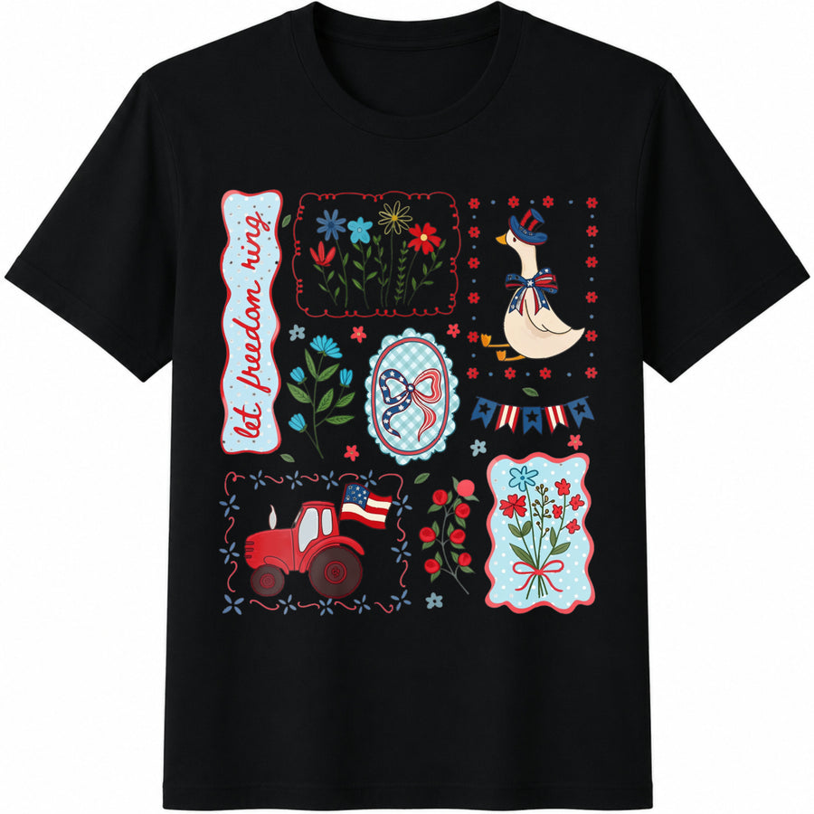 Cottagecore Floral USA Goose Cotton T-Shirt in Black