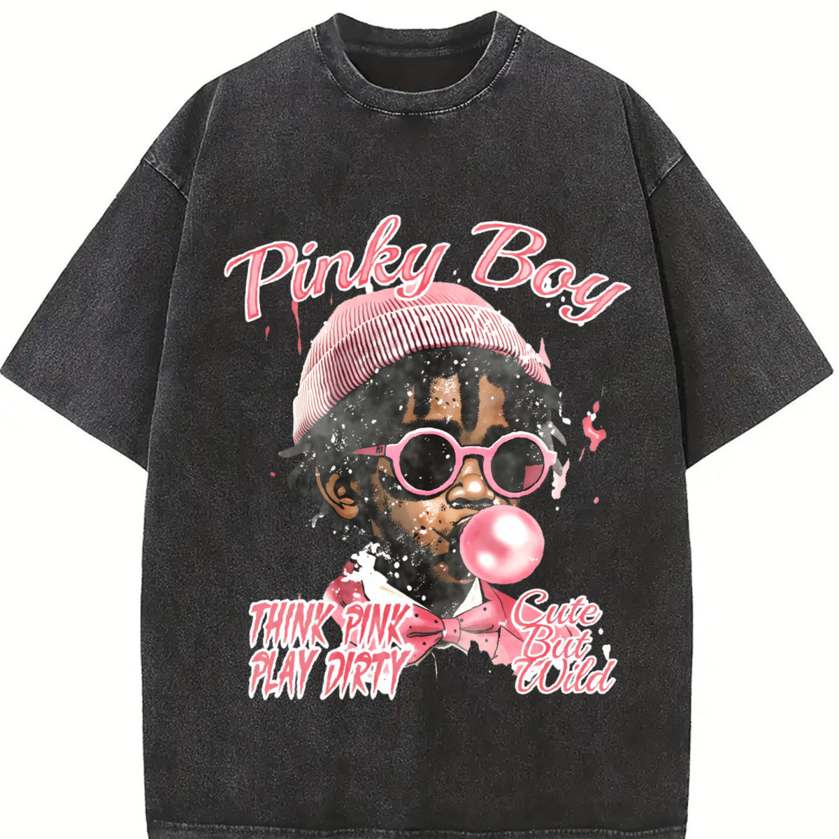 Pink with a Playful Vintage Washed T-Shirt in Black