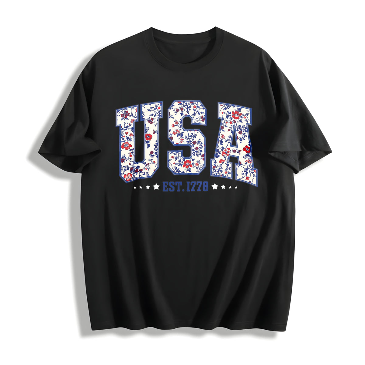 Floral USA Est 1776 Cotton T-Shirt in Black