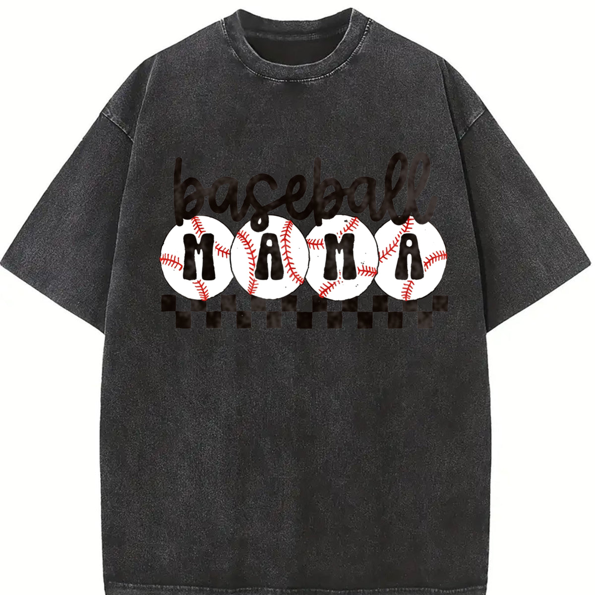 Baseball Mama Checkered Mama Vintage Washed T-Shirt in Black