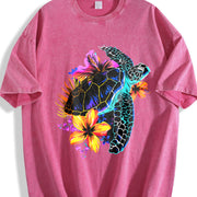 Sea Turtle Hawaiian Flowers Hawaii Scuba Diving Diver vintage washed oversized T-shirt in Red