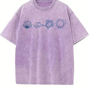 Ocean Icons Embroidered Vintage Washed T-Shirt in Purple