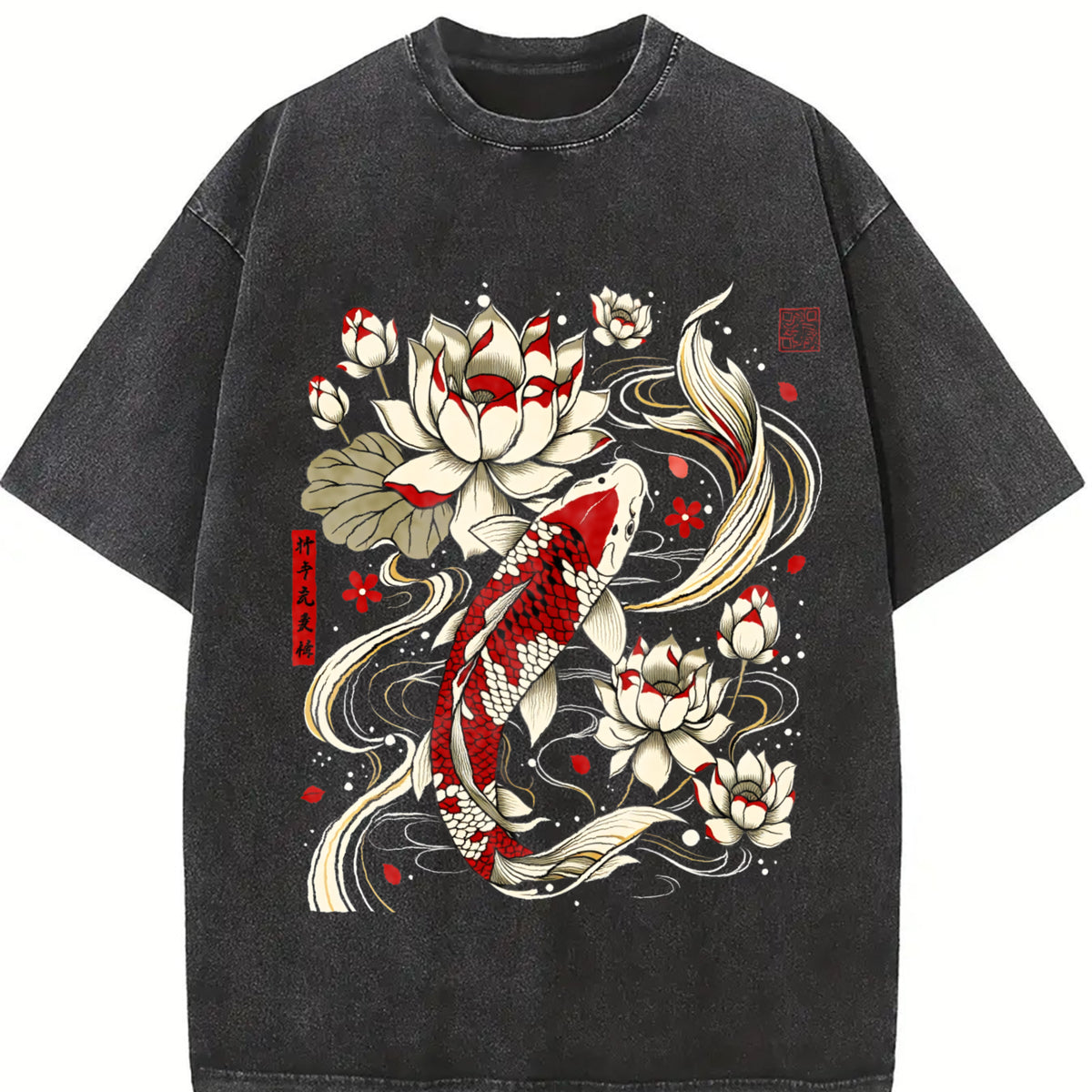 Koi Fish and Lotus Vintage Washed T-Shirt in Black
