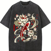 Koi Fish and Lotus Vintage Washed T-Shirt in Black