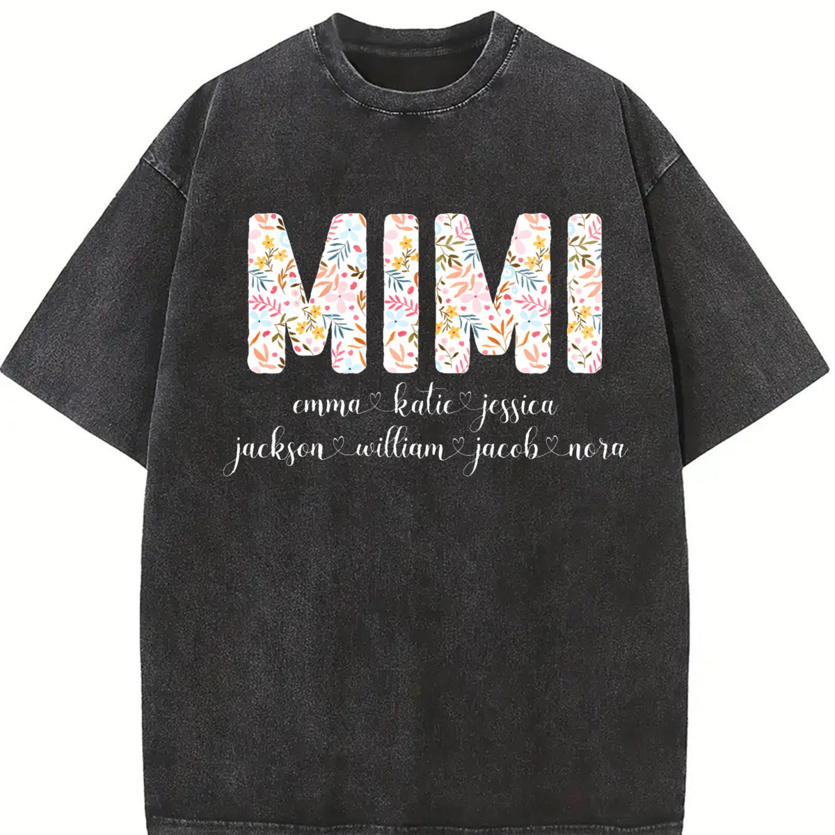 Personalized MIMI with Grandkids Names Vintage Washed T-Shirt in Black