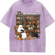 Retro Ghost Reading Books Vintage Washed T-Shirt in Purple