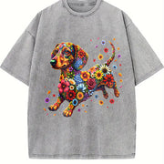 Floral Dachshund Vintage Washed T-Shirt in Gray