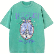 Youth and Adult Magic Kingdom Castle Coquette Bow vintage washed oversized T-shirt in Blue