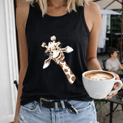 Giraffe with Flower Crown Crew-neck Sleeveless Vest Women's Color Cotton Tank Top in Black